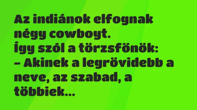 Vicc: Az indiánok elfognak négy cowboyt.
Így szól a törzsfőnök:
-… Vicc: Az indiánok elfognak négy cowboyt.
Így szól a törzsfőnök:
-…