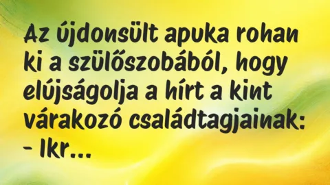 Vicc: Az újdonsült apuka rohan ki a szülőszobából, hogy elújságolja a hírt a… Vicc: Az újdonsült apuka rohan ki a szülőszobából, hogy elújságolja a hírt a…