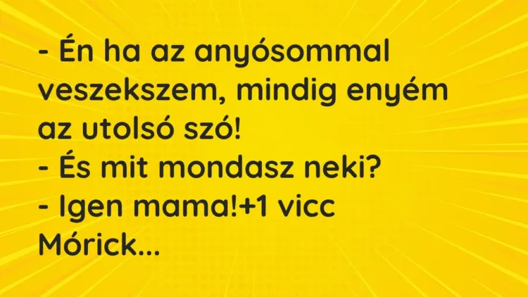 Vicc: – Én ha az anyósommal veszekszem, mindig enyém az utolsó szó!
-… Vicc: – Én ha az anyósommal veszekszem, mindig enyém az utolsó szó!
-…