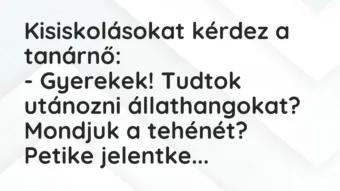 Vicc: Kisiskolásokat kérdez a tanárnő:

– Gyerekek! Tudtok utánozni…