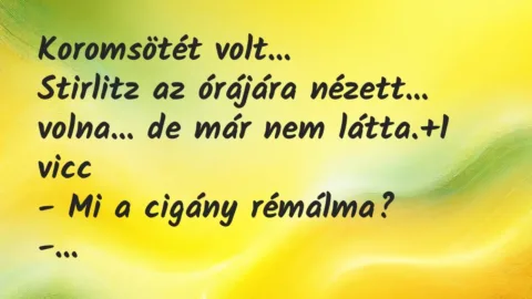 Vicc: Koromsötét volt…
Stirlitz az órájára nézett… volna… de már… Vicc: Koromsötét volt…
Stirlitz az órájára nézett… volna… de már…