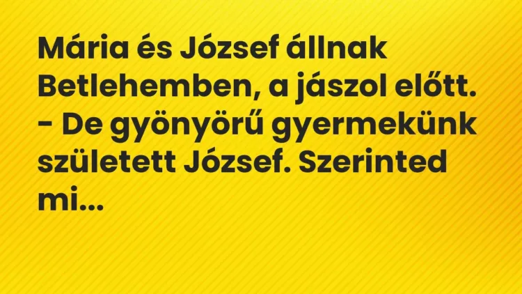 Vicc: Mária és József állnak Betlehemben, a jászol előtt.
– De gyönyörű… Vicc: Mária és József állnak Betlehemben, a jászol előtt.
– De gyönyörű…