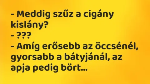 Vicc: – Meddig szűz a cigány kislány?
– ???
– Amíg erősebb az… Vicc: – Meddig szűz a cigány kislány?
– ???
– Amíg erősebb az…