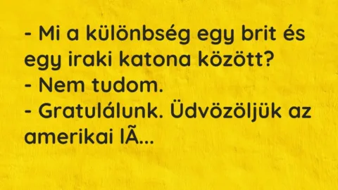 Vicc: – Mi a különbség egy brit és egy iraki katona között?
– Nem… Vicc: – Mi a különbség egy brit és egy iraki katona között?
– Nem…