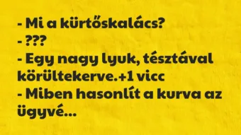 Vicc: – Mi a kürtőskalács?

– ???

– Egy nagy lyuk, tésztával…