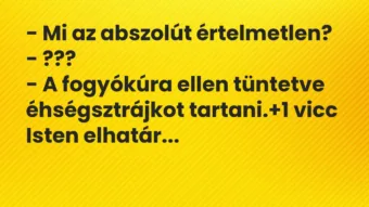 Vicc: – Mi az abszolút értelmetlen?

– ???

– A fogyókúra ellen…