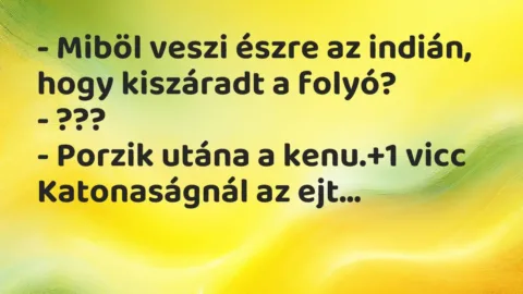 Vicc: – Miböl veszi észre az indián, hogy kiszáradt a folyó?
-… Vicc: – Miböl veszi észre az indián, hogy kiszáradt a folyó?
-…
