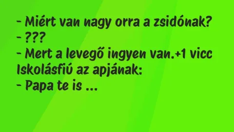 Vicc: – Miért van nagy orra a zsidónak?
– ???
– Mert a levegő… Vicc: – Miért van nagy orra a zsidónak?
– ???
– Mert a levegő…