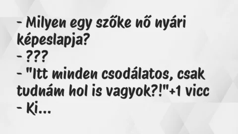 Vicc: – Milyen egy szőke nő nyári képeslapja?

– ???

– „Itt minden…