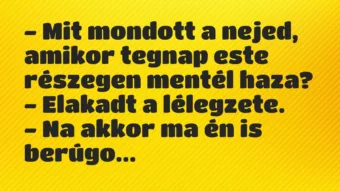 Vicc: – Mit mondott a nejed, amikor tegnap este részegen mentél haza?

-…