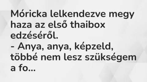 Vicc: Móricka lelkendezve megy haza az első thaibox edzéséről.

– Anya,…