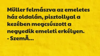 Vicc: Müller felmászva az emeletes ház oldalán, pisztollyal a kezében…