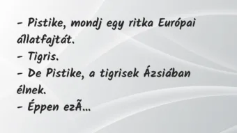 Vicc: – Pistike, mondj egy ritka Európai állatfajtát.

– Tigris.

-…