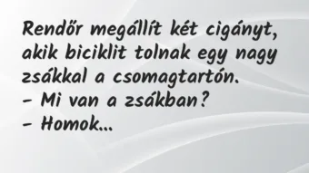 Vicc: Rendőr megállít két cigányt, akik biciklit tolnak egy nagy zsákkal a…