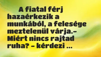 Viccek: 
		  
		  A fiatal férj hazaérkezik a munkából, a felesége …