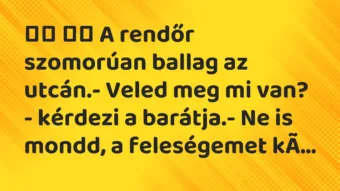 Viccek: 
		  
		  A rendőr szomorúan ballag az utcán.- Veled…
