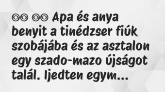 Viccek: 
		  
		  Apa és anya benyit a tinédzser fiúk szobájába és …