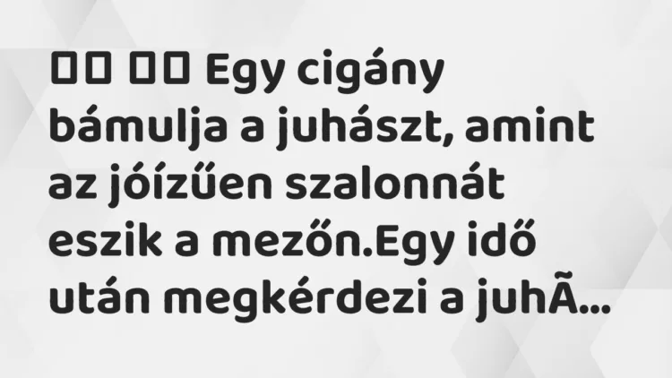 Viccek:
Egy cigány bámulja a juhászt, amint az jóízűen… Viccek:
Egy cigány bámulja a juhászt, amint az jóízűen…