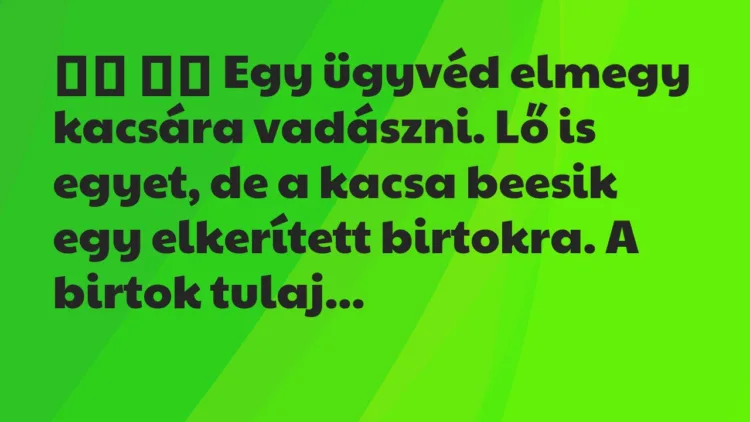 Viccek:
Egy ügyvéd elmegy kacsára vadászni. Lő is egyet, … Viccek:
Egy ügyvéd elmegy kacsára vadászni. Lő is egyet, …