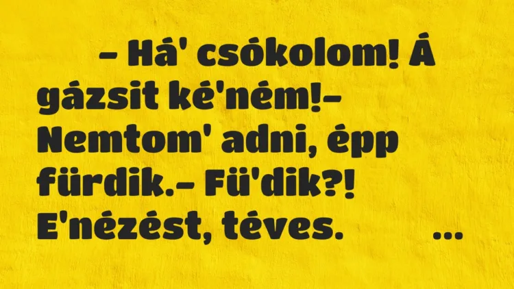 Viccek:
– Há’ csókolom! Á gázsit ké’ném!- Nemtom’… Viccek:
– Há’ csókolom! Á gázsit ké’ném!- Nemtom’…