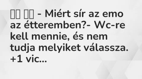 Viccek:
– Miért sír az emo az étteremben?- Wc-re kell… Viccek:
– Miért sír az emo az étteremben?- Wc-re kell…