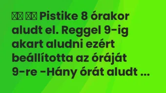 Viccek: 
		  
		  Pistike 8 órakor aludt el. Reggel 9-ig akart…