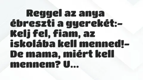 Viccek: 
		  
		  Reggel az anya ébreszti a gyerekét:- Kelj…