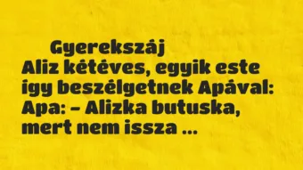 Vicces történet: 
	    	    Gyerekszáj


Aliz kétéves, egyik este így beszélgetnek …