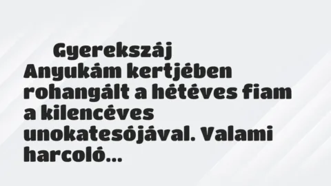 Vicces történet: 
	    	    Gyerekszáj


Anyukám kertjében rohangált a hétéves fiam…