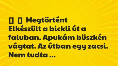Vicces történet: 
	    	    Megtörtént


Elkészült a bickli út a faluban. Apukám…
