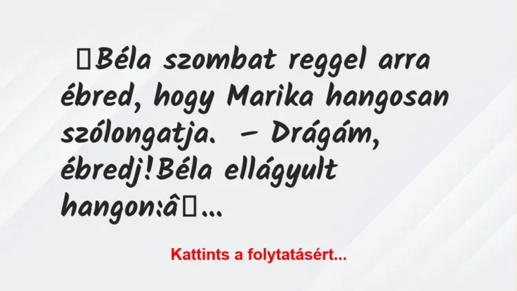Vicc: Béla szombat reggel arra ébred, hogy Marika hangosan szólongatja Vicc: Béla szombat reggel arra ébred, hogy Marika hangosan szólongatja