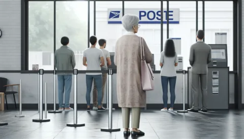 Vicc: Egy nyugdíjas néni a postán sorban áll.
