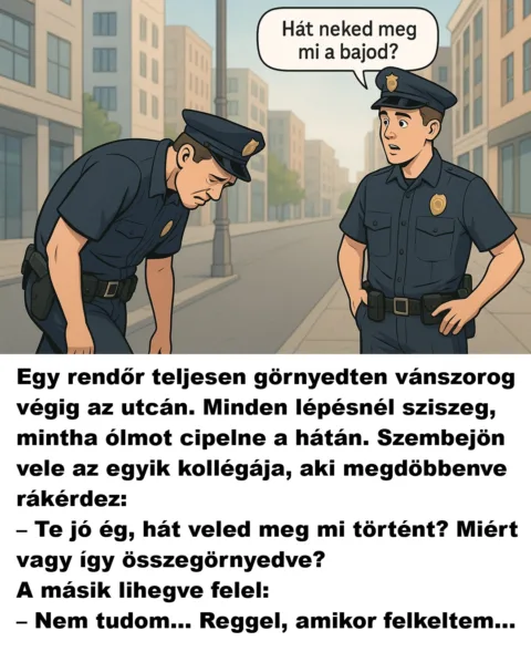 Vicc: Egy rendőr teljesen görnyedten vánszorog végig az utcán