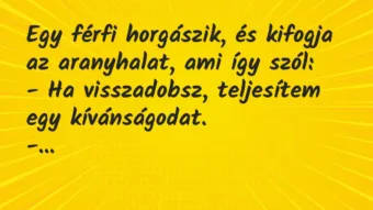Egy férfi horgászik, és kifogja az aranyhalat, ami így szól:

– Ha… – Vicc