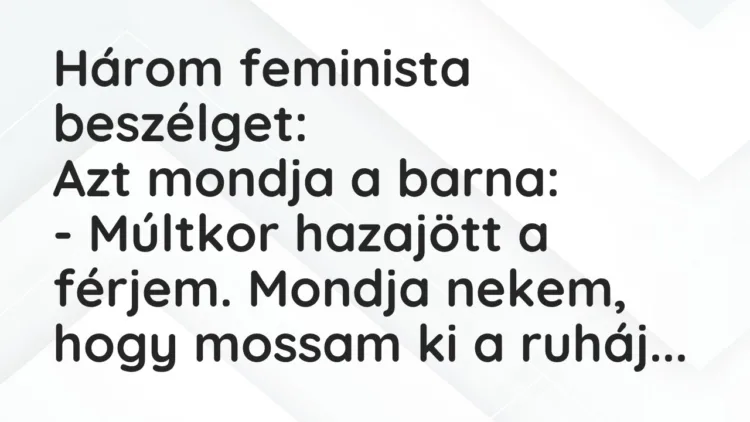 Három feminista beszélget:
Azt mondja a barna:
– Múltkor… – Vicc Három feminista beszélget:
Azt mondja a barna:
– Múltkor… – Vicc