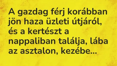 Vicc: A gazdag férj korábban jön haza üzleti útjáról, és a kertészt a…