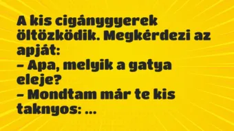 Vicc: A kis cigánygyerek öltözködik. Megkérdezi az apját:
– Apa, melyik… Vicc: A kis cigánygyerek öltözködik. Megkérdezi az apját:
– Apa, melyik…