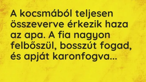 Vicc: A kocsmából teljesen összeverve érkezik haza az apa. A fia nagyon…