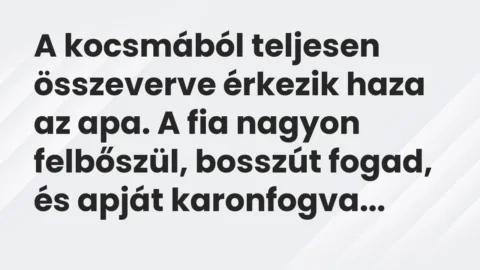 Vicc: A kocsmából teljesen összeverve érkezik haza az apa. A fia nagyon…