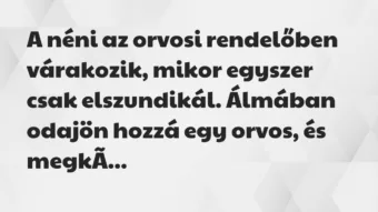 Vicc: A néni az orvosi rendelőben várakozik, mikor egyszer csak elszundikál… Vicc: A néni az orvosi rendelőben várakozik, mikor egyszer csak elszundikál…