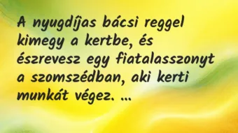 Vicc: A nyugdíjas bácsi reggel kimegy a kertbe, és észrevesz egy fiatalasszonyt…