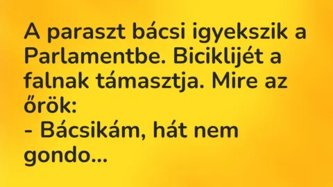 Vicc: A paraszt bácsi igyekszik a Parlamentbe. Biciklijét a falnak…