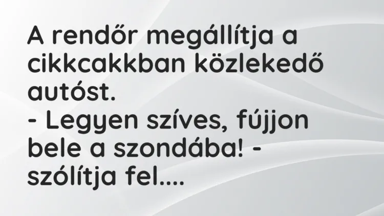 Vicc: A rendőr megállítja a cikkcakkban közlekedő autóst.
– Legyen… Vicc: A rendőr megállítja a cikkcakkban közlekedő autóst.
– Legyen…