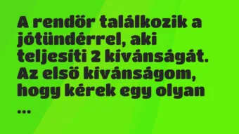 Vicc: A rendőr találkozik a jótündérrel, aki teljesíti 2 kívánságát.

Az…