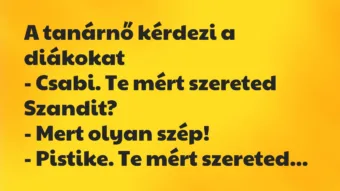 Vicc: A tanárnő kérdezi a diákokat

– Csabi. Te mért szereted…