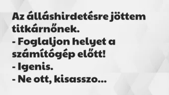 Vicc: Az álláshirdetésre jöttem titkárnőnek.
– Foglaljon helyet a… Vicc: Az álláshirdetésre jöttem titkárnőnek.
– Foglaljon helyet a…