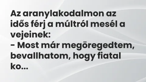 Vicc: Az aranylakodalmon az idős férj a múltról mesél a vejeinek:
-… Vicc: Az aranylakodalmon az idős férj a múltról mesél a vejeinek:
-…