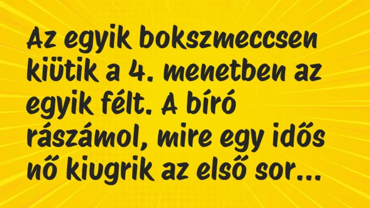 Vicc: Az egyik bokszmeccsen kiütik a 4. menetben az egyik félt. A bíró… Vicc: Az egyik bokszmeccsen kiütik a 4. menetben az egyik félt. A bíró…