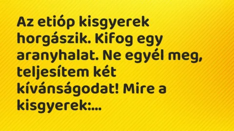 Vicc: Az etióp kisgyerek horgászik. Kifog egy aranyhalat. Ne egyél meg,…