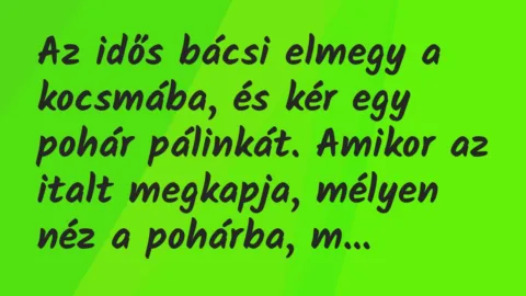Vicc: Az idős bácsi elmegy a kocsmába, és kér egy pohár pálinkát.